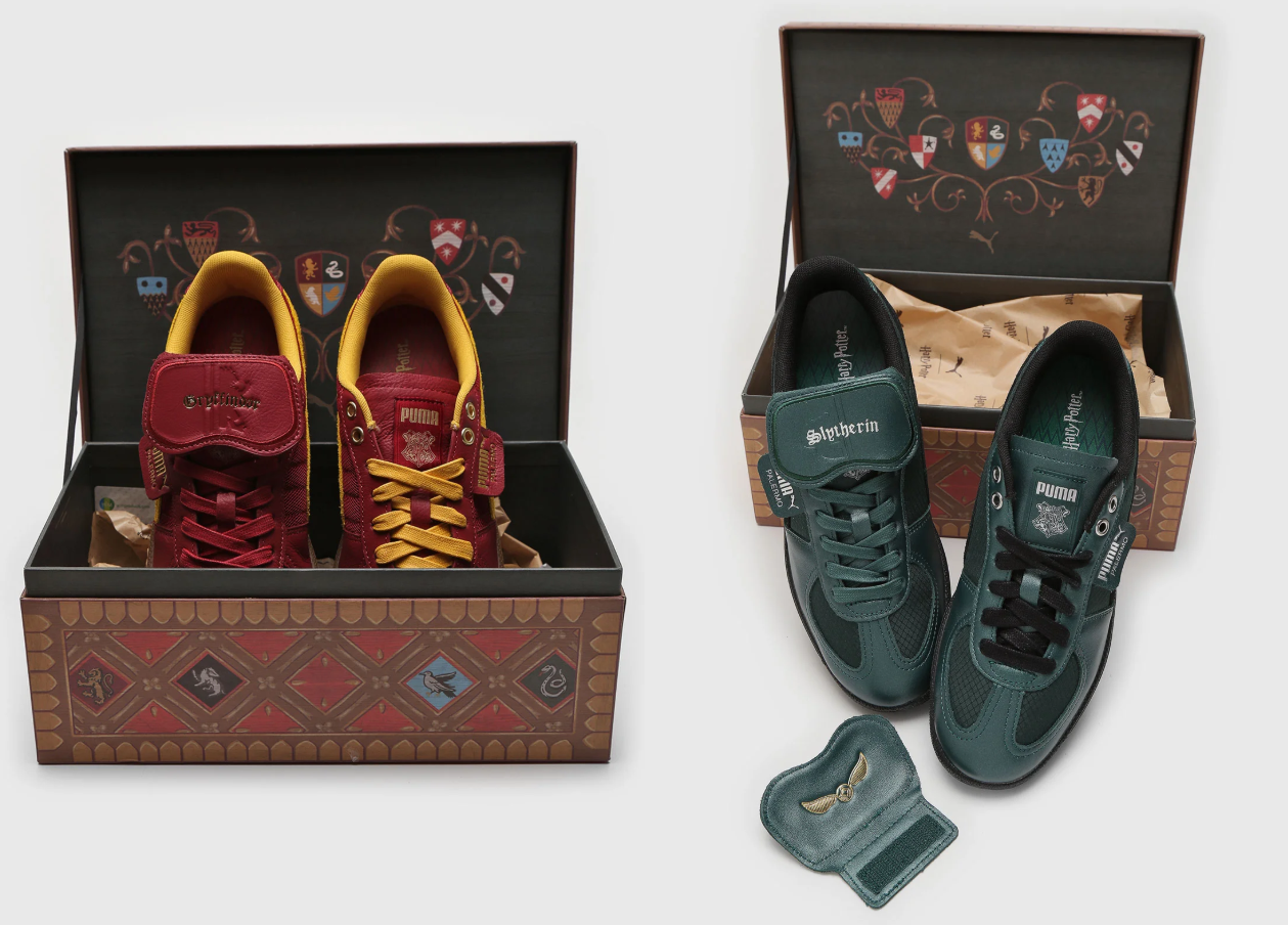 Puma Palermo da coleção Harry Potter, sendo um veremelho e amarelo e o outro verde e preto, com caixa temática ao fundo.