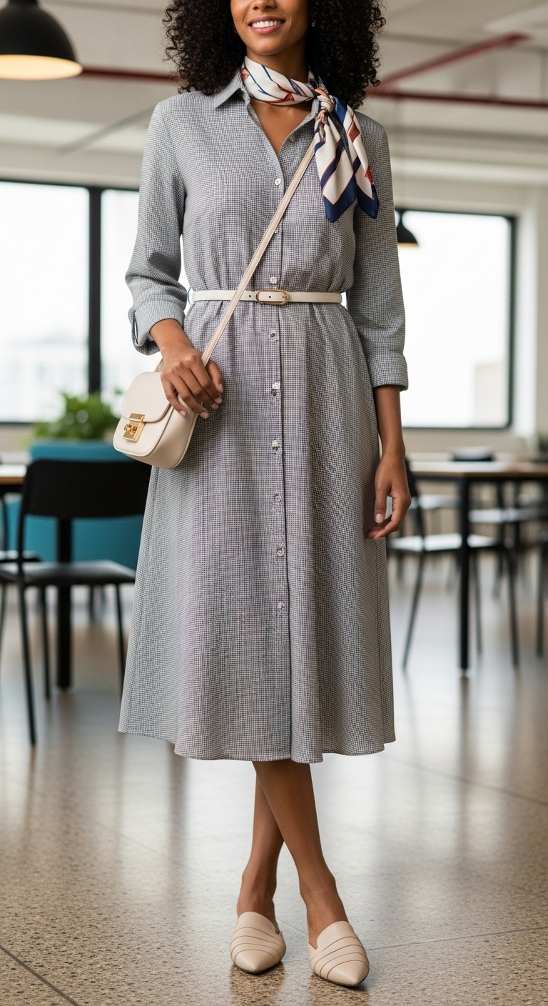 Mulher com look elegante para o trabalho, vestido chemise, cinto, bolsa, lenço e sapatilha em cores claras. 